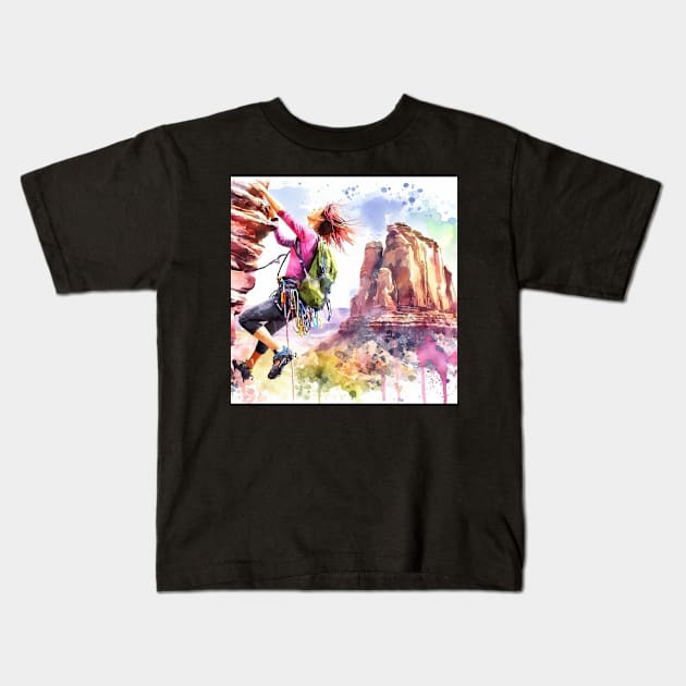 Artistic illustration of a mountain climber scaling a cliff face Kids T-Shirt by WelshDesigns
